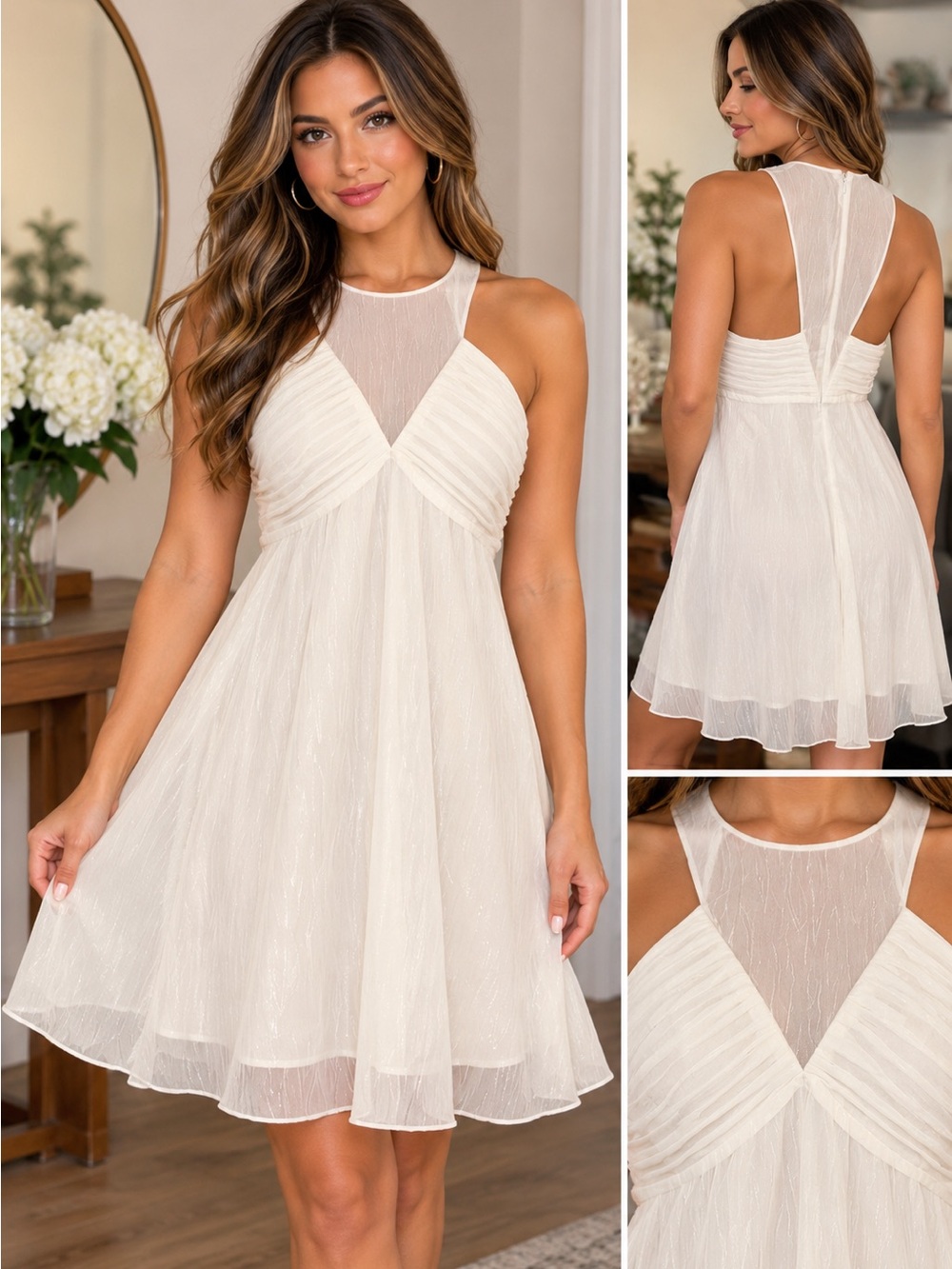 BCBGeneration Ivory White Pleated Chiffon Dress NWT Size 10 Classic Bride Grad